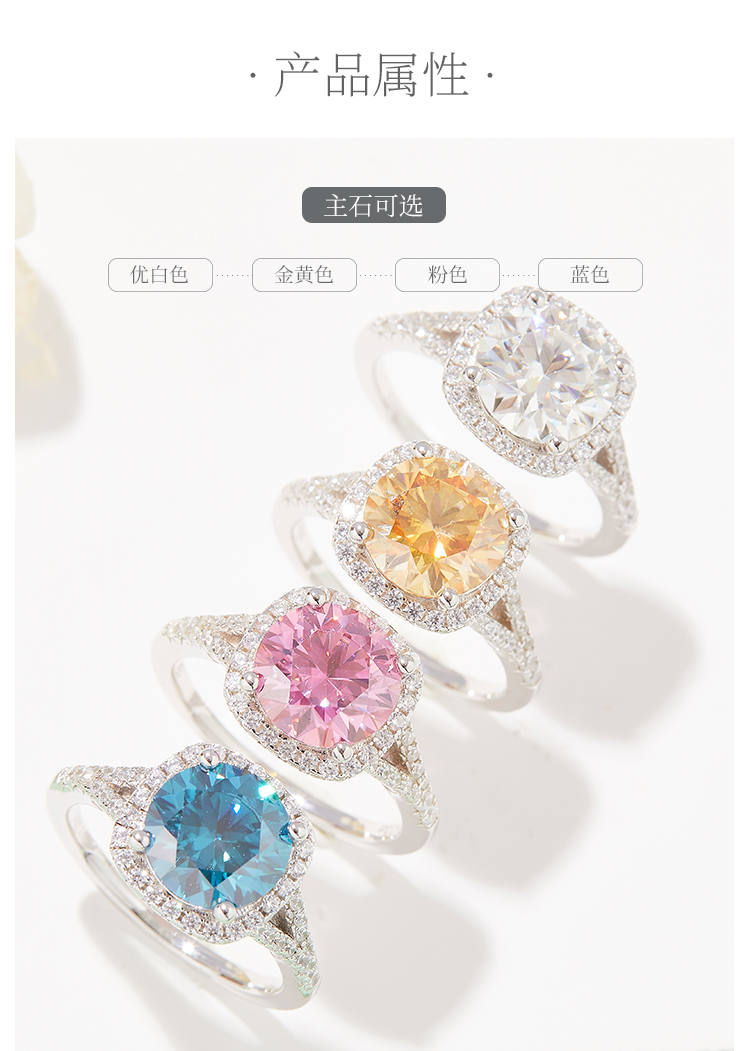 双臂方包S925银镀白金莫桑钻女戒3.0克拉D级 - 2